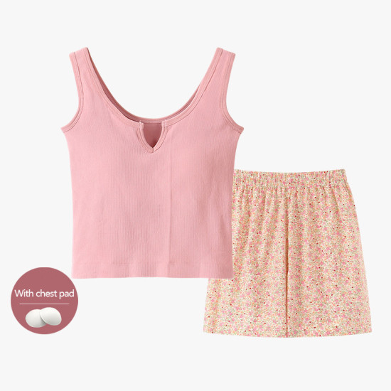 Summer Pajamas Two Piece Vest and Shorts Casual Set Sleeveless With Chest Pad Lounge Wear Sleepwear for Women