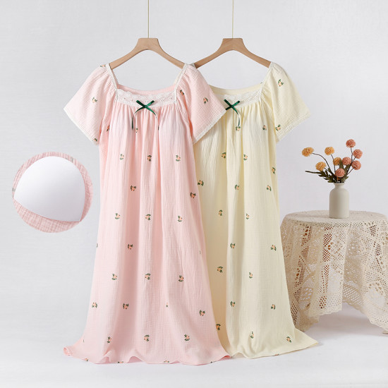 Women Summer 100% Crepe Cotton Sleepwear Square Collar Short Sleeve Casual Midi Home Dress Lady Soft Nightdress With Chest Pads