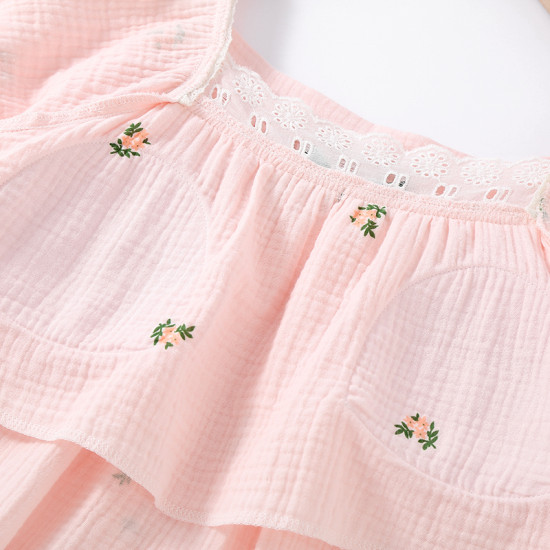 Women Summer 100% Crepe Cotton Sleepwear Square Collar Short Sleeve Casual Midi Home Dress Lady Soft Nightdress With Chest Pads