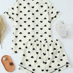  Heart-shaped Peach Printed Short Sleeved Lapel Two-piece Set for Women's Sleepwear Suitable for Sleeping