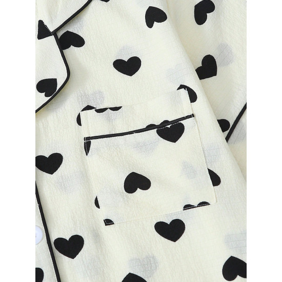 Heart-shaped Peach Printed Short Sleeved Lapel Two-piece Set for Women's Sleepwear Suitable for Sleeping