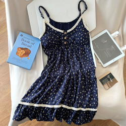 Women's Summer Home Wear Set Thin Cloud Cotton Sweet Sleeveless Cami Pajamas Two-Pieces Cami Dress Chest Pads for Spring Autumn