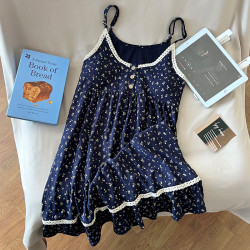Women's Summer Home Wear Set Thin Cloud Cotton Sweet Sleeveless Cami Pajamas Two-Pieces Cami Dress Chest Pads for Spring Autumn