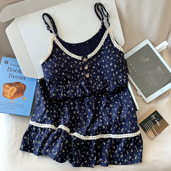 Women's Summer Home Wear Set Thin Cloud Cotton Sweet Sleeveless Cami Pajamas Two-Pieces Cami Dress Chest Pads for Spring Autumn