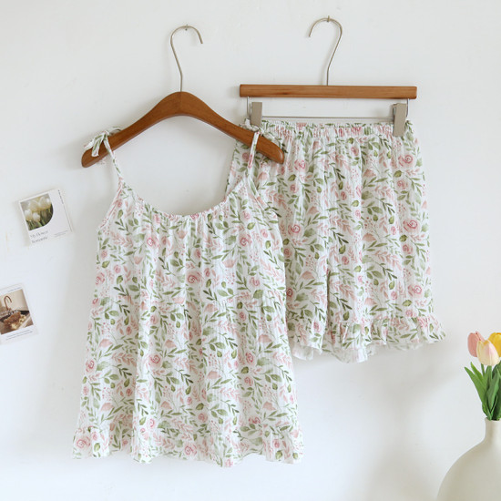 Women's Summer Cotton Elastic Waist Floral Sleeveless Breathable Pajamas Shorts