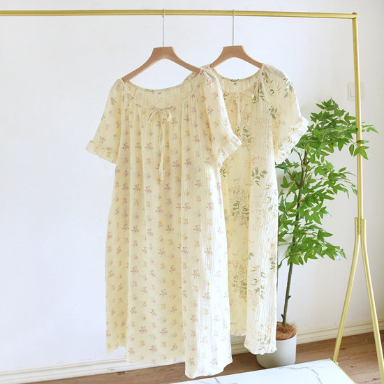 2025 Floral Satin Mid-Length Nightdress 100% Cotton Double-Layer Gauze Short-Sleeved Sweet Home Dress for Summer Knee Length