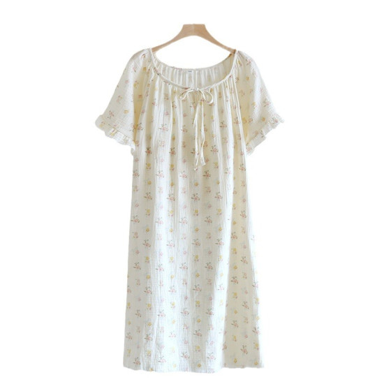 2025 Floral Satin Mid-Length Nightdress 100% Cotton Double-Layer Gauze Short-Sleeved Sweet Home Dress for Summer Knee Length