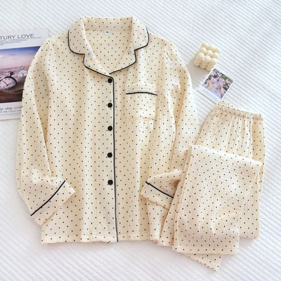 Women's Casual Long-Sleeved Crepe Cotton Carcana Pajamas Set Lightweight Home Wear for Spring and Summer