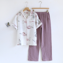 2026 Summer New Women's Pajama Set Short Sleeve+Long Pants Two Piece Set 100%Cotton Thin Cardigan Home Furnishing Fresh