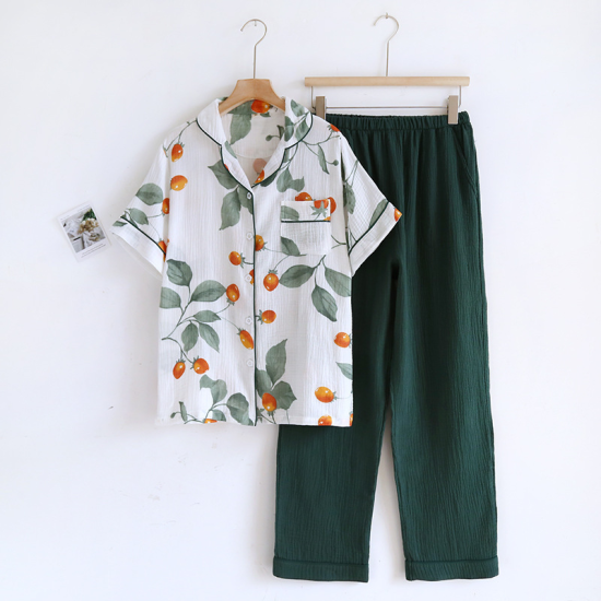 2026 Summer New Women's Pajama Set Short Sleeve+Long Pants Two Piece Set 100%Cotton Thin Cardigan Home Furnishing Fresh