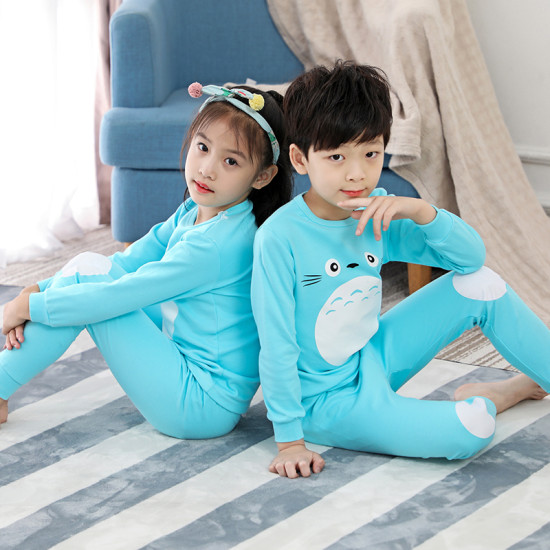أطقم بيجامات شتوية حرارية للبنات والأطفال مصنوعة من القطن الخالص 100% بنقشة حيوانات كرتونية