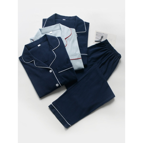 بيجامات يابانية جديدة للرجال مناسبة لفصلي الربيع والخريف مصنوعة من القطن الخالص 100% تسمح بمرور الهواء بأكمام طويلة تصميم بسيط