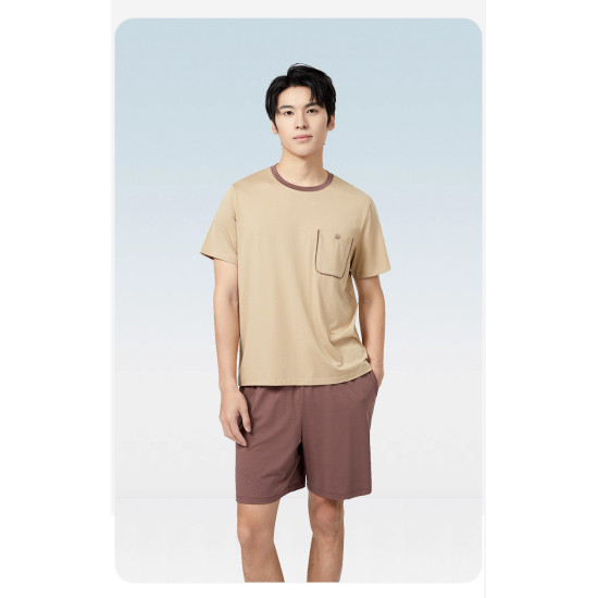 Men's Summer Cool Short Sleeve Pajama Set Lyocell Cotton Spandex Breathable Pocket Knitted Shorts Homewear for Men