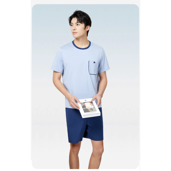 Men's Summer Cool Short Sleeve Pajama Set Lyocell Cotton Spandex Breathable Pocket Knitted Shorts Homewear for Men