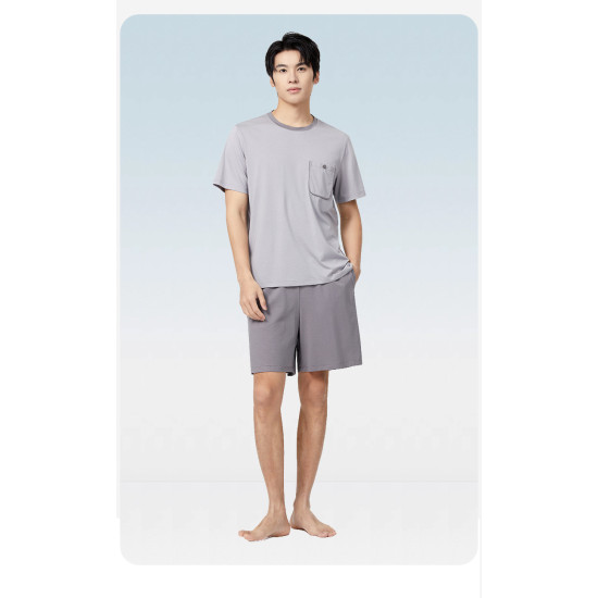 Men's Summer Cool Short Sleeve Pajama Set Lyocell Cotton Spandex Breathable Pocket Knitted Shorts Homewear for Men