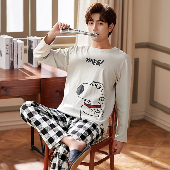 Cotton Long Sleeve Pajamas Set for Men Cute Cartoon Male Sleepwear Autumn Warm Casual Home Clothes Lattice Pants Pijamas