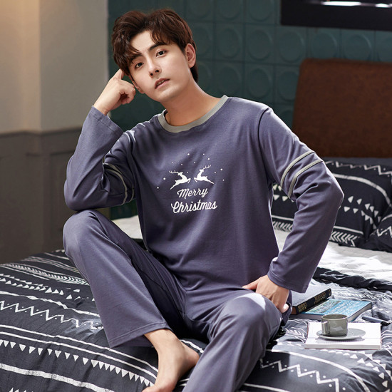 Cotton Long Sleeve Pajamas Set for Men Cute Cartoon Male Sleepwear Autumn Warm Casual Home Clothes Lattice Pants Pijamas