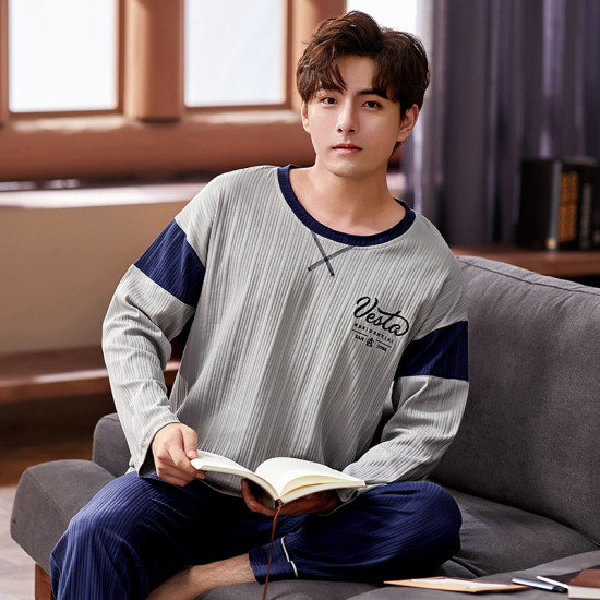 Cotton Long Sleeve Pajamas Set for Men Cute Cartoon Male Sleepwear Autumn Warm Casual Home Clothes Lattice Pants Pijamas