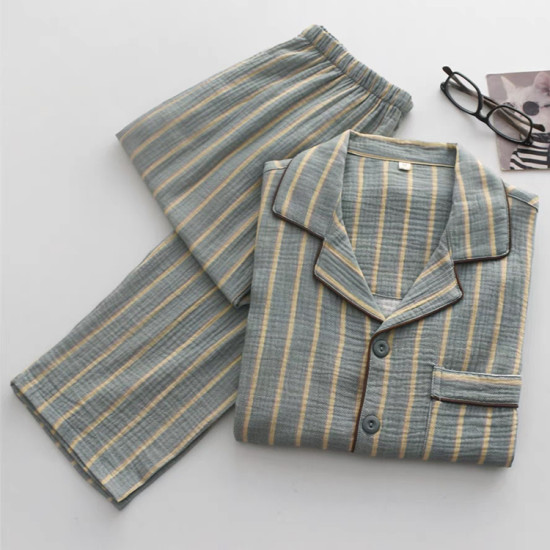 Luxury Men's Pleated Pyjamas Homme Sleepwear Breathable Seersucker 100% Cotton Pajama Set Men