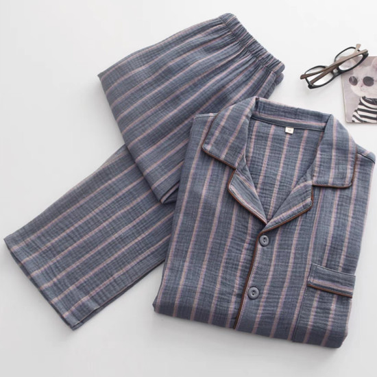 Luxury Men's Pleated Pyjamas Homme Sleepwear Breathable Seersucker 100% Cotton Pajama Set Men