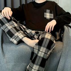 High Quality 100%cotton Black Long Sleeve Pyjamas Sleepwear for Men