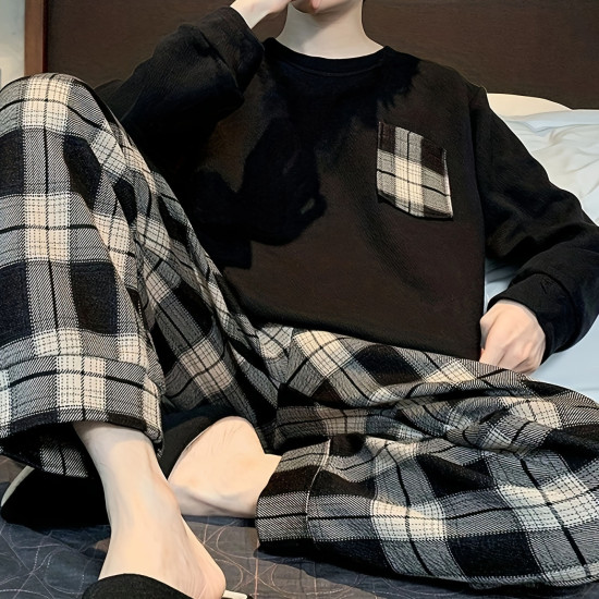 بيجاما رجالية سوداء بأكمام طويلة مصنوعة من القطن الخالص 100% عالية الجودة