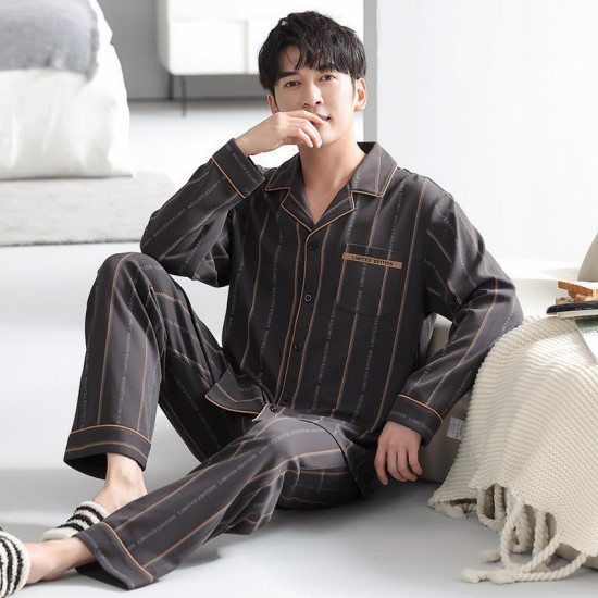 Cotton Satin Mens Embroidery Pajamas Turn Collar Short Sleeve Breathable Nightwear Soft Lounge Wear Middle Aged
