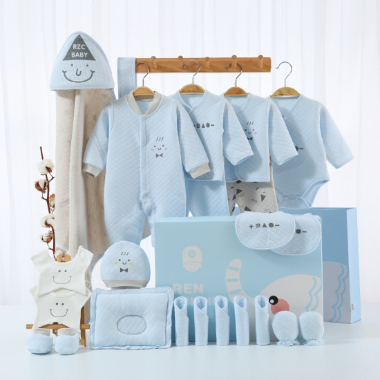 طقم ملابس أطفال شتوية خريفية مبطنة بثلاث طبقات للجنسين مع علبة هدايا قطن خالص سميك مستلزمات شهر كامل