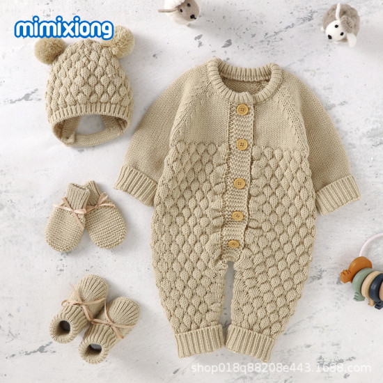 مجموعة خريف وشتاء ملابس أطفال محبوكة من الأكريليك 100% ملابس نوم بأكمام طويلة وأزرار رومبير للأطفال