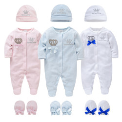 Newborn Pure Color Crown Design Bow Decor Romper with Foot Cover Hat Jumpsuits Clothes Set