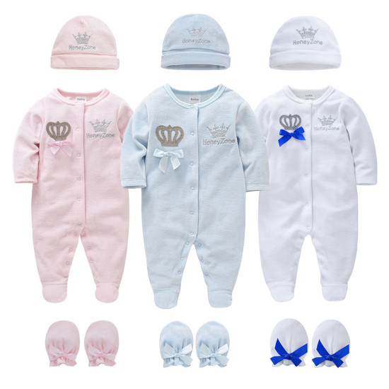 Newborn Pure Color Crown Design Bow Decor Romper with Foot Cover Hat Jumpsuits Clothes Set