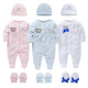 Newborn Pure Color Crown Design Bow Decor Romper with Foot Cover Hat Jumpsuits Clothes Set