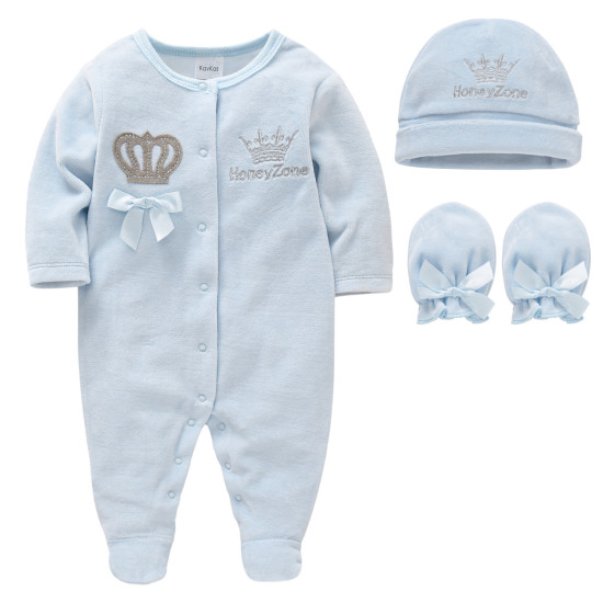 Newborn Pure Color Crown Design Bow Decor Romper with Foot Cover Hat Jumpsuits Clothes Set