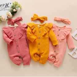 ملابس أطفال حديثي الولادة ملابس أطفال قماش طبيعي سادة أكمام مكشكشة 100% قطن وكتان رومبير للأطفال