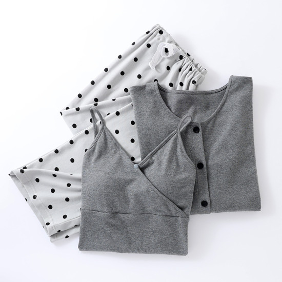 بيجامات رضاعة للحوامل طقم من 3 قطع بأكمام طويلة وبنطال مناسبة لفصلي الربيع والخريف وفترة ما بعد الولادة مصنوعة من القطن للاستخدام المنزلي والخارجي