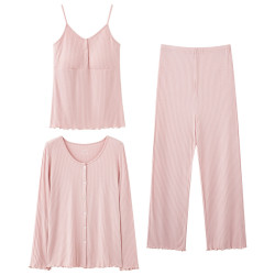 Pregnancy Comfort Pajamas Set Solid Color Long-sleeved Pants and Halter Vest Three-piece Maternity Nursing Homewear Sleepwear