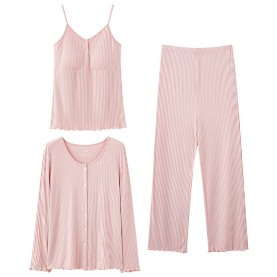 Pregnancy Comfort Pajamas Set Solid Color Long-sleeved Pants and Halter Vest Three-piece Maternity Nursing Homewear Sleepwear