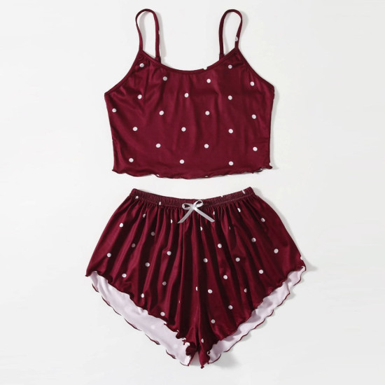 Women's = Summer Sleepwear Red Polka Dot Adjustable Strap Tank Top Elastic Waist Shorts Cotton Two Piece Pajamas Set