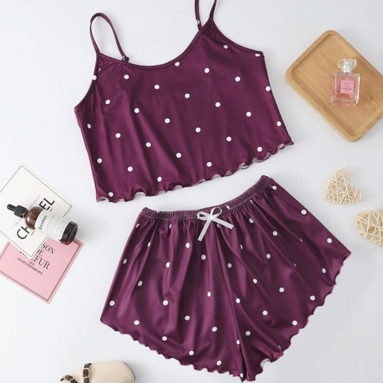 Women's = Summer Sleepwear Red Polka Dot Adjustable Strap Tank Top Elastic Waist Shorts Cotton Two Piece Pajamas Set