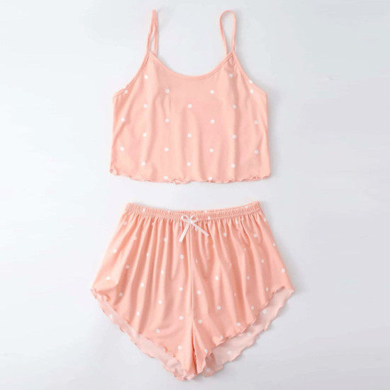 Women's = Summer Sleepwear Red Polka Dot Adjustable Strap Tank Top Elastic Waist Shorts Cotton Two Piece Pajamas Set