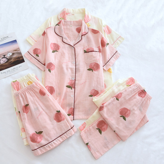 High Quality Spring and Autumn Home Clothes Summer Thin Short Sleeved Pants Shorts Women's Cotton Breathable Lapel Sleepwear