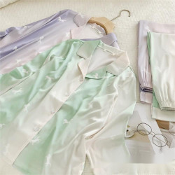 Gradient Color Satin Pajamas for Women Floral Pattern Ice Silk Long-Sleeved Elegant Print for Summer Lounge Wear