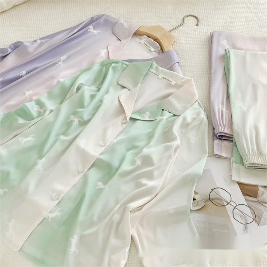 Gradient Color Satin Pajamas for Women Floral Pattern Ice Silk Long-Sleeved Elegant Print for Summer Lounge Wear