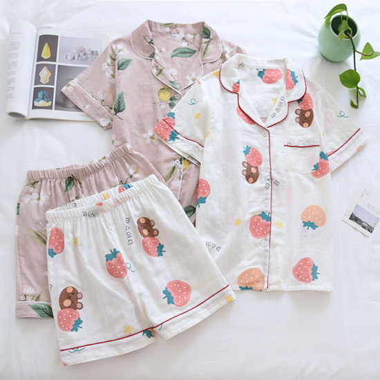 Products Fruit Printing Cotton Gauze Fabric Summer Cotton Pajamas Women Suit