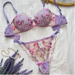 طقم لانجري نسائي شفاف مطرز بالزهور يتكون من حمالة صدر وسروال داخلي مزود بدعامة سلكية