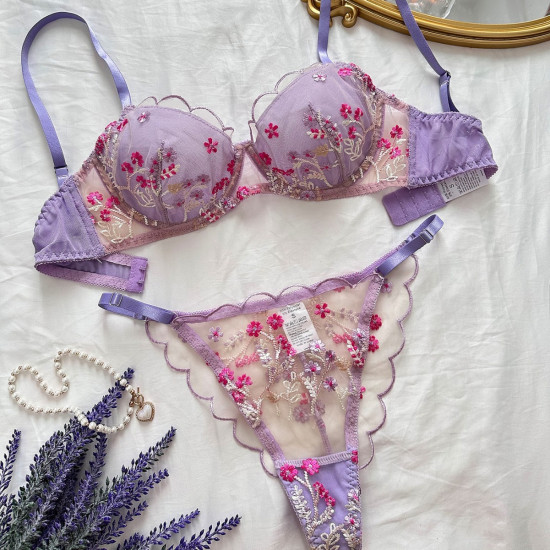 طقم لانجري نسائي شفاف مطرز بالزهور يتكون من حمالة صدر وسروال داخلي مزود بدعامة سلكية