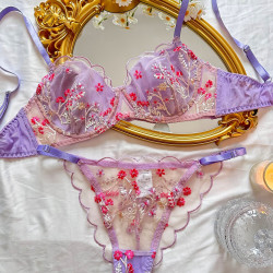 طقم لانجري نسائي شفاف مطرز بالزهور يتكون من حمالة صدر وسروال داخلي مزود بدعامة سلكية