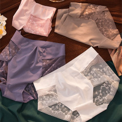 ملابس داخلية نسائية من الدانتيل بدون خياطة قطعة واحدة سراويل داخلية عالية الخصر سراويل داخلية من الدانتيل بدون أثر سراويل داخلية نسائية من الحرير الجليدي