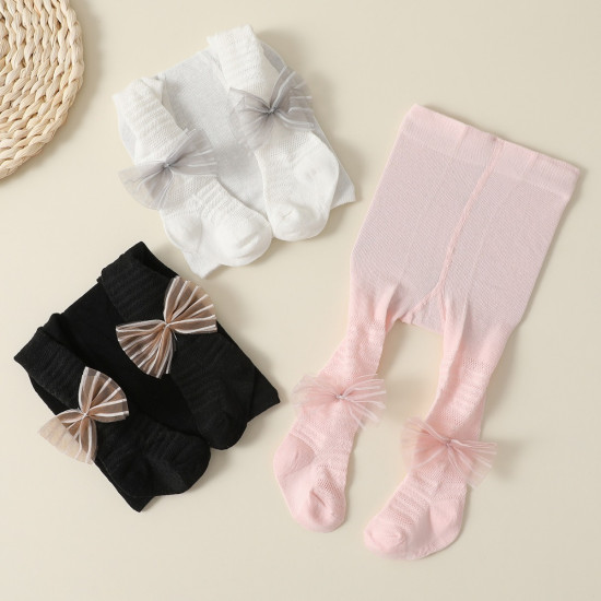 Custom Spring Summer Baby Pantyhose with Three Bows for Girls Simple Deodorant Wicking Tights
