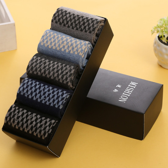 5 Pairs Knitted Business Socks Set Men Official Argyle Socks Crew Length for Winter